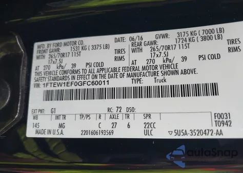 2016 Ford F-150 Xlt z USA, uszkodzony, nr VIN 1FTEW1EF0GFC60011